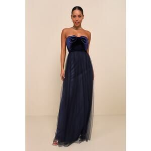 Perfectly Dramatic Navy Velvet Tulle strapless maxi size Small NWOT